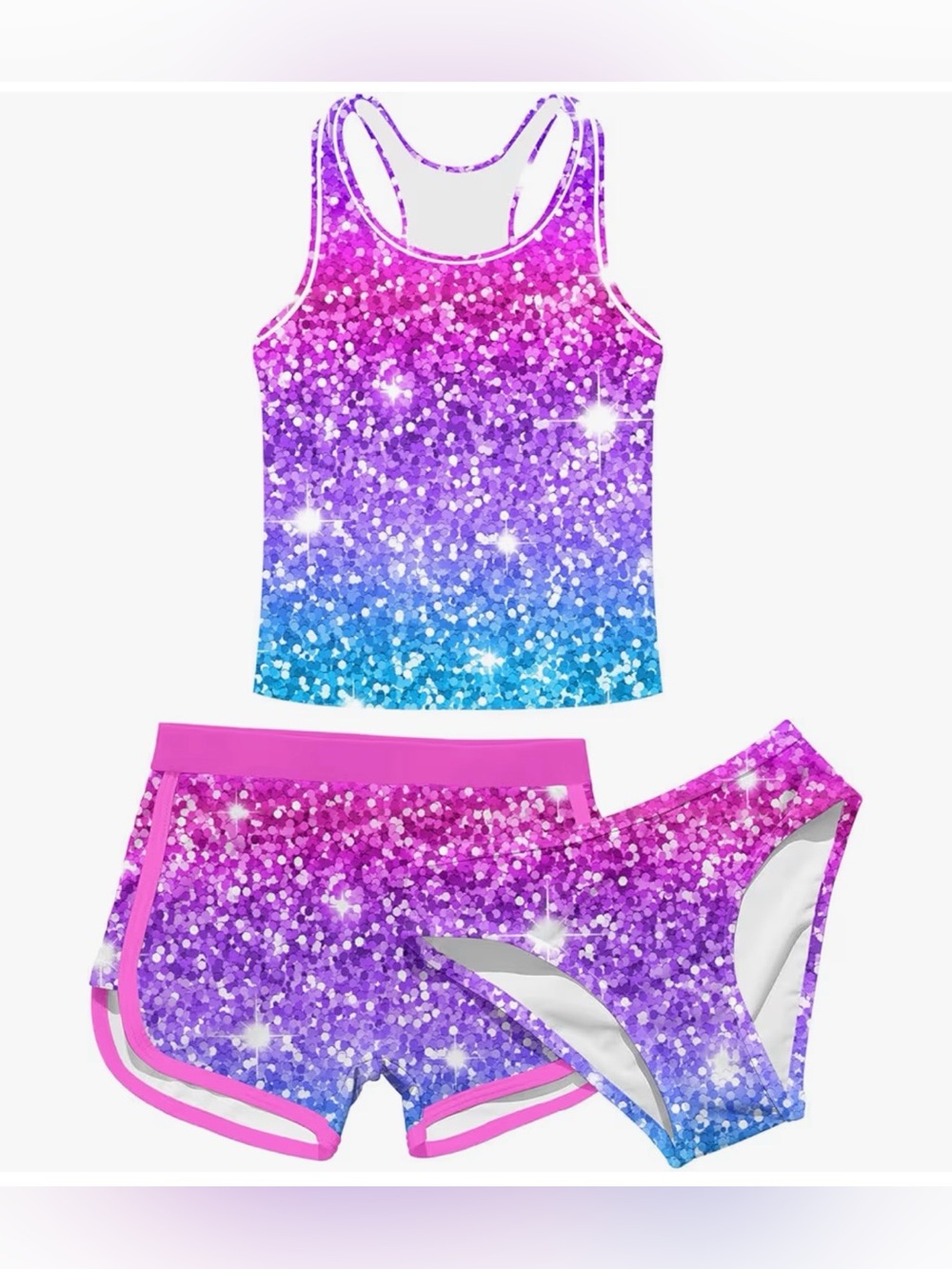Girls Colorful 3 Piece Bathing Suit Tankini Shorts Bikini Sz 9-10y 3D Graphic